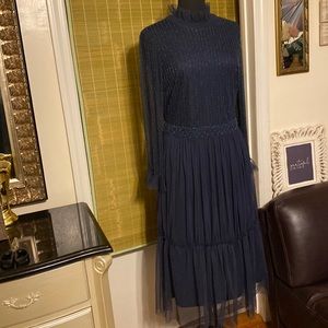 NWT PUCE BY MEZZO RUFFLE NECK  BEADED NAVY DRESS SIZE XL